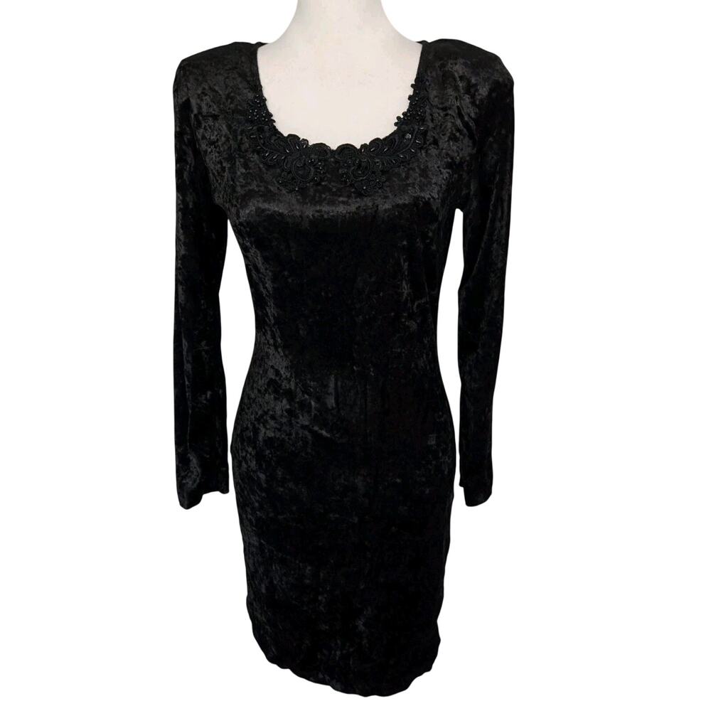 Vtg 90s Vamp Black Crushed Velvet Bodycon Beaded Soutache Neckline Dress Sz M